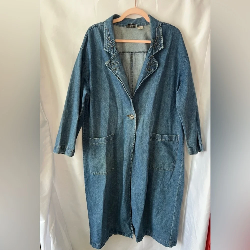 Women’s Vintage FORENZA 100% Cotton Long Duster Jean Trench Coat - Picture 1 of 5